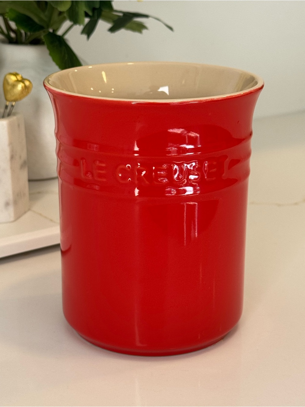 Le Creuset Red Stoneware Utensil Holder with Cream Interior